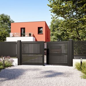 kostum architecte tasseaux aluminium ganit portail battant noir fonce