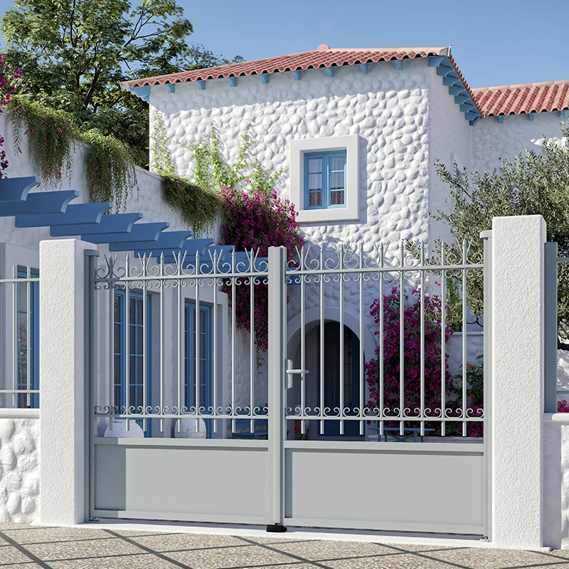 Portail en aluminium semi-plein gris, style fer forgé avec décoration - APA spécialiste des portails en Île-de-France