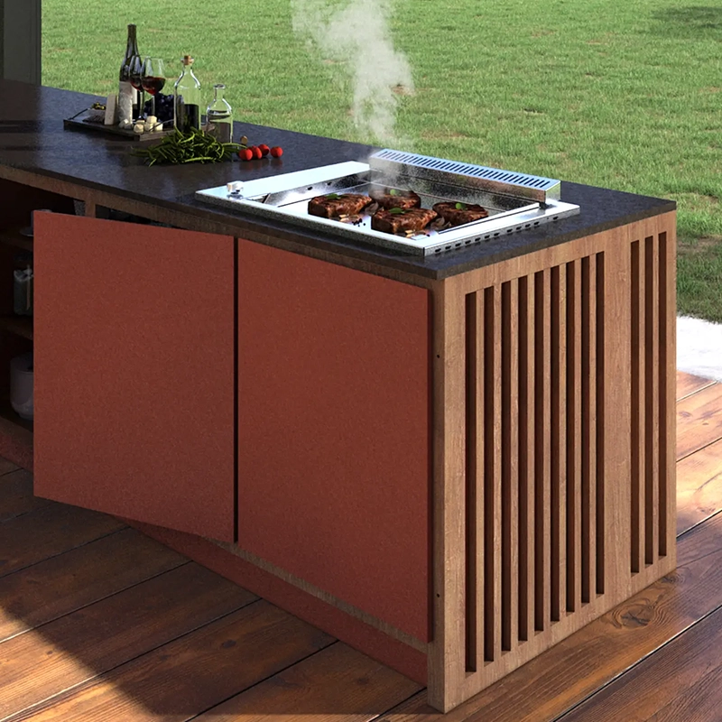 Cuisine extérieur terracota et bois avec plancha