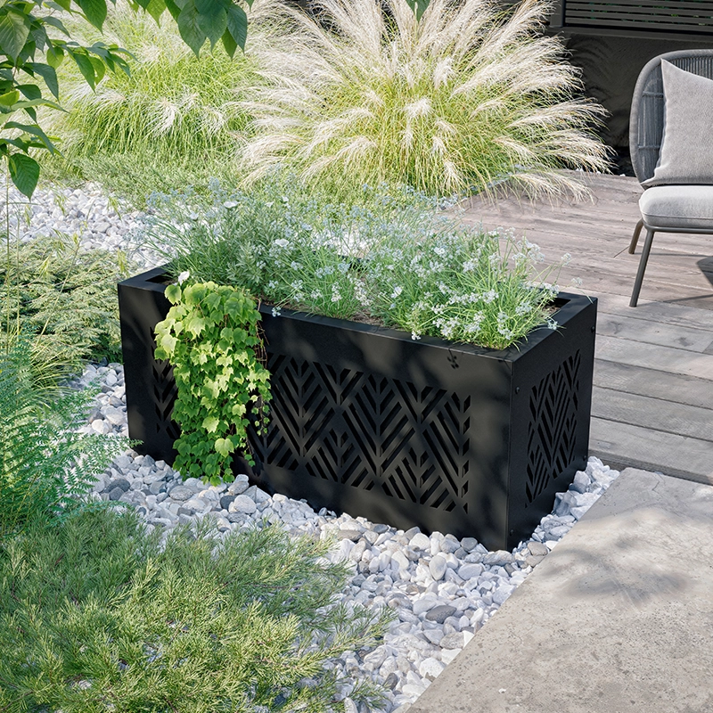 Habillage de jardinière en aluminium avec un décor géométrique