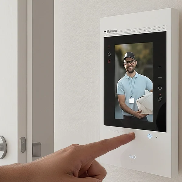 Une main appuyant sur un visiophone avec un livreur à l'écran