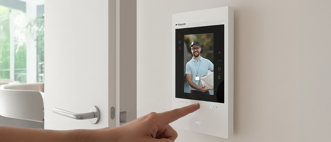 Une main appuyant sur un visiophone avec un livreur à l'écran