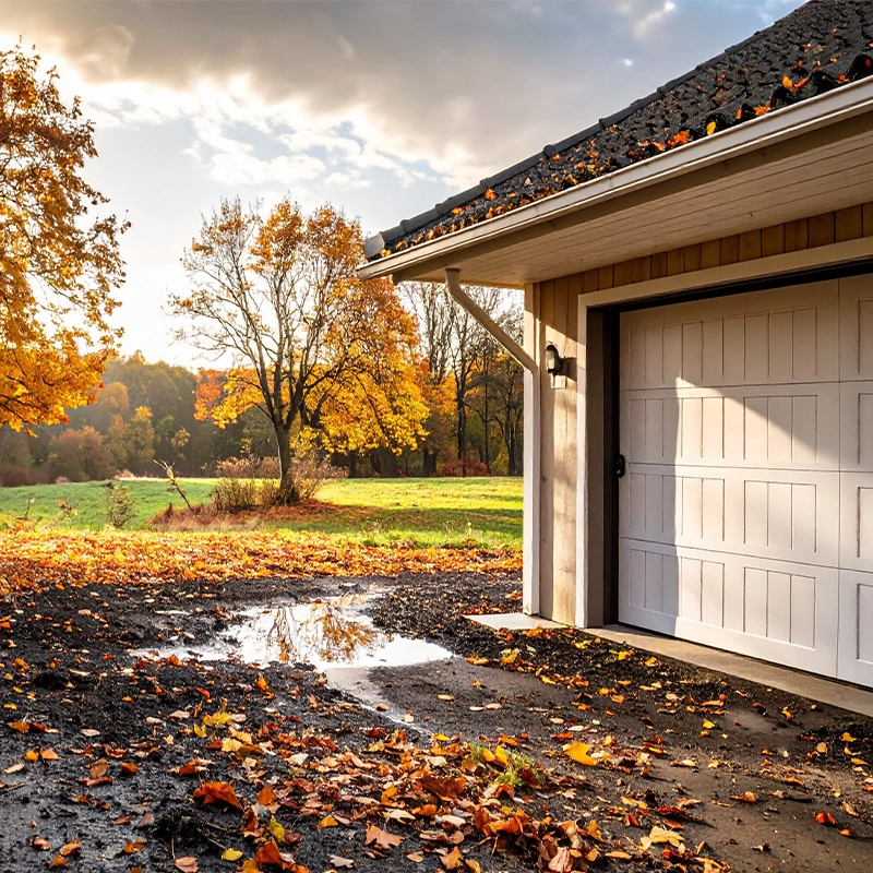 Une porte de garage isolante, paysage d'automne