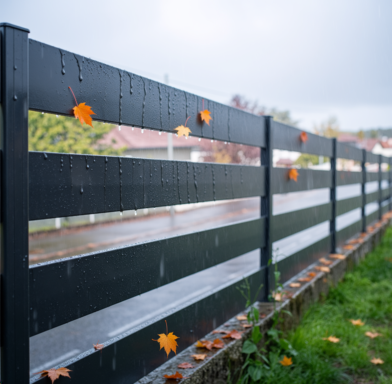 Une clôture en aluminium sous la pluie