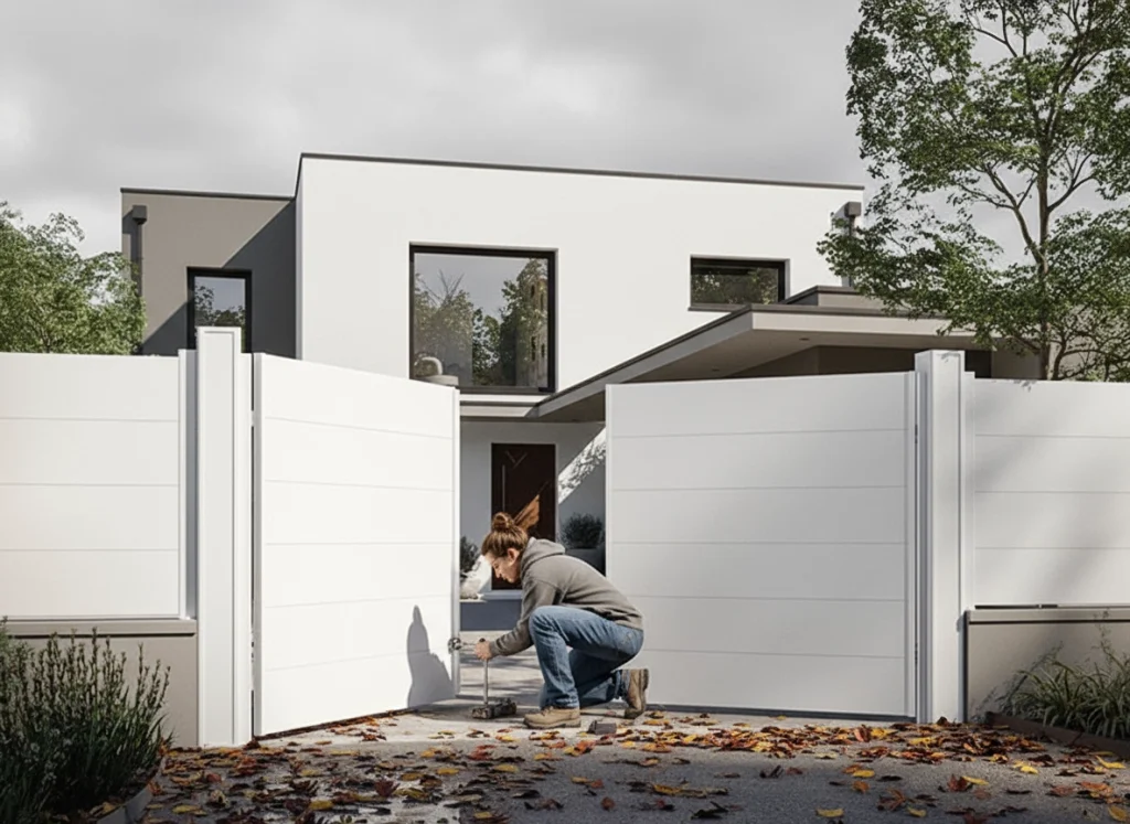 Une femme qui répare son portail après la tempête