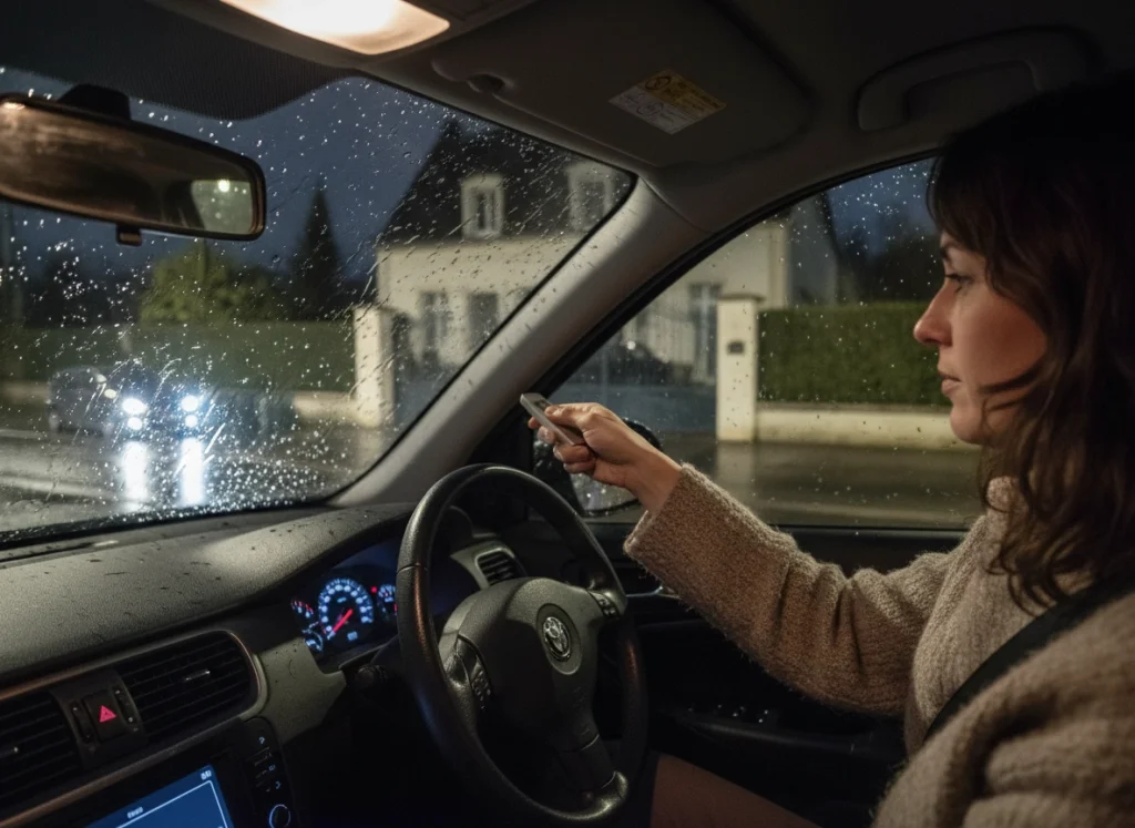 Une femme qui ouvre son portail depuis sa voiture
