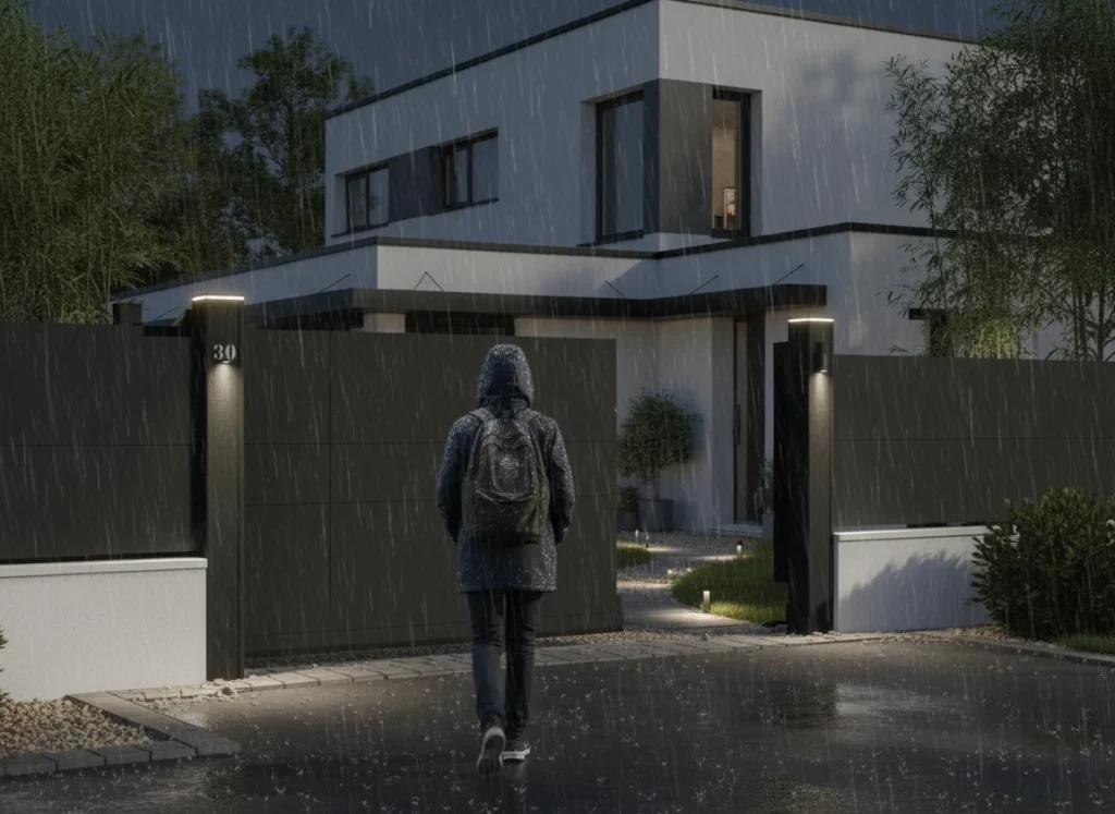 Un adolescent qui rentre chez lui sous la pluie, passant par un portail Kostum avec des leds intégrés dans les poteaux