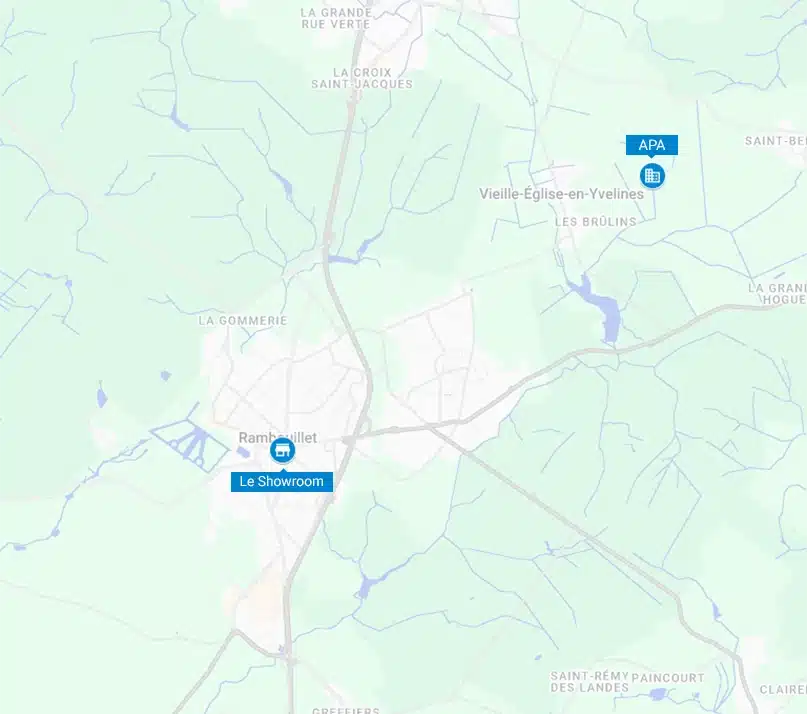 Carte montrant l'adresse d'APA à Vieille-Église-en-Yvelines et le showroom à Rambouillet