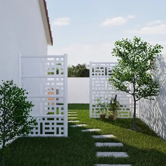 claustra-jardin-aluminium-decor-design-apa Une allée de jardin avec des claustras blanc en aluminium, avec un décor moderne