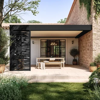 Pergola adossée en aluminium modèle Poppy par Kostum en coloris N2100 et RAL 9010 avec décor Cambium